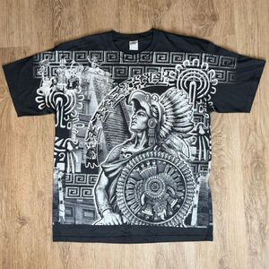 Yazbek Aztec Warrior Graphic T-Shirt Black White XXL Mexico All Over Print